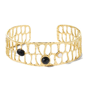Vintage Stainless Steel Wide Cuff Bangle Stone Charm Bracelet