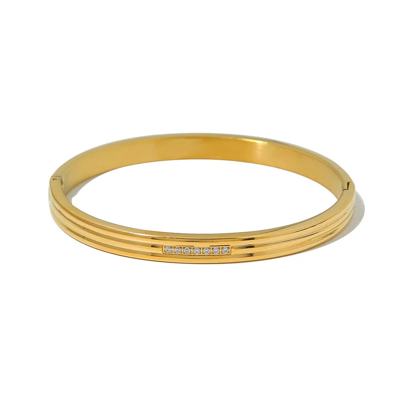 Waterproof Stainless Steel Textured Metal Bracelet with CZ Wrist Jewelry