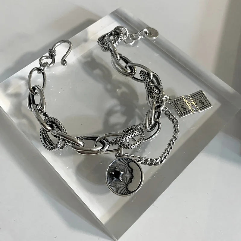 ANENJER Star Ball Heart Smiling Face Pendant Thick Chain Bracelet for Women