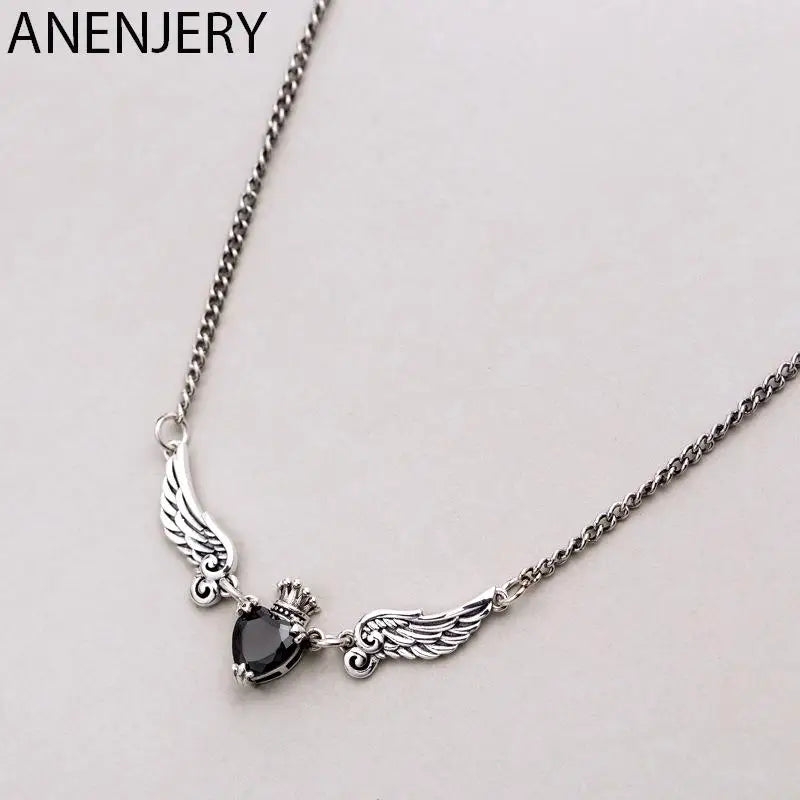 Angel Wings Heart Zircon Necklace for Women Thai Silver Necklace
