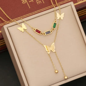 316L Stainless Steel Butterfly Tassel Necklace with Colorful Zircon