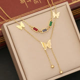 316L Stainless Steel Butterfly Tassel Necklace with Colorful Zircon