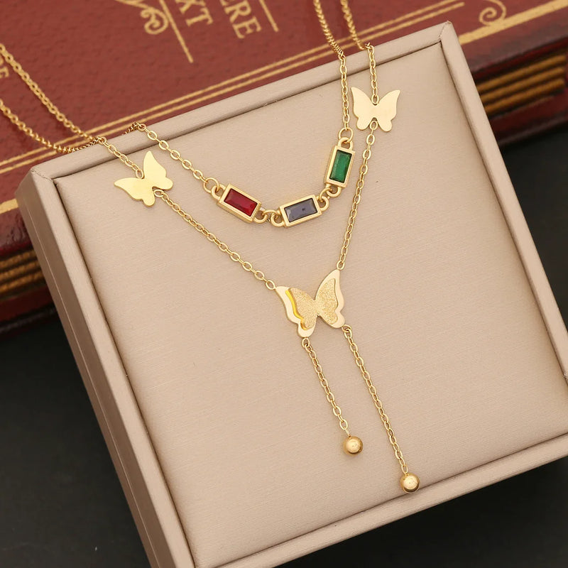 316L Stainless Steel Butterfly Tassel Necklace with Colorful Zircon