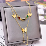 316L Stainless Steel Butterfly Tassel Necklace with Colorful Zircon