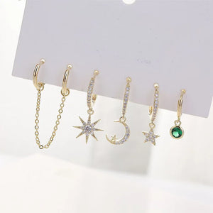5-Piece Moon Star CZ Tassel Chain Earrings Set for Women