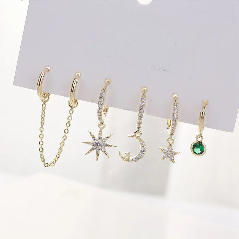 5-Piece Moon Star CZ Tassel Chain Earrings Set for Women