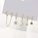 5-Piece Moon Star CZ Tassel Chain Earrings Set for Women