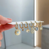 6pcs Silver Palm Eyes Star Water Drop Hoop Earrings Set Retro Ear Jewelry