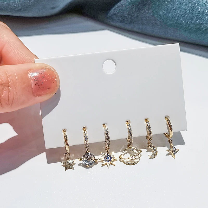 Silver Planet Star Moon Hoop Earrings Set Zircon Romantic Gift