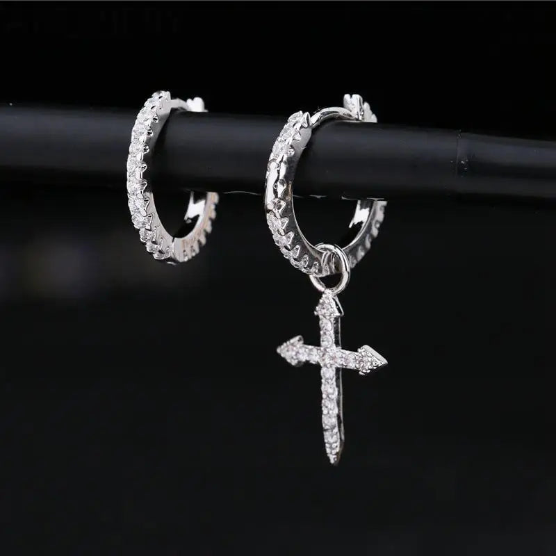Silver Cross Pendant Earrings Cubic Zircon Hoops S-E1093