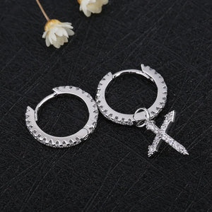 Silver Cross Pendant Earrings Cubic Zircon Hoops S-E1093