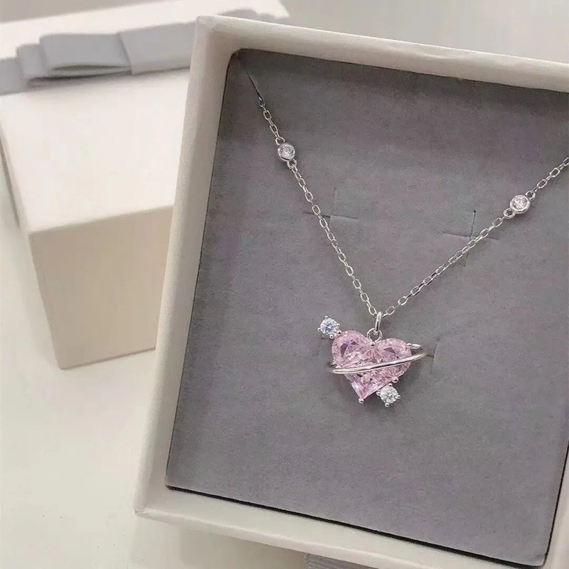 Pink Zircon Heart Necklace Delicate Sweet Planet Clavicle Chain