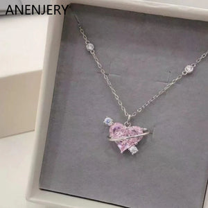 Pink Zircon Heart Necklace Delicate Sweet Planet Clavicle Chain