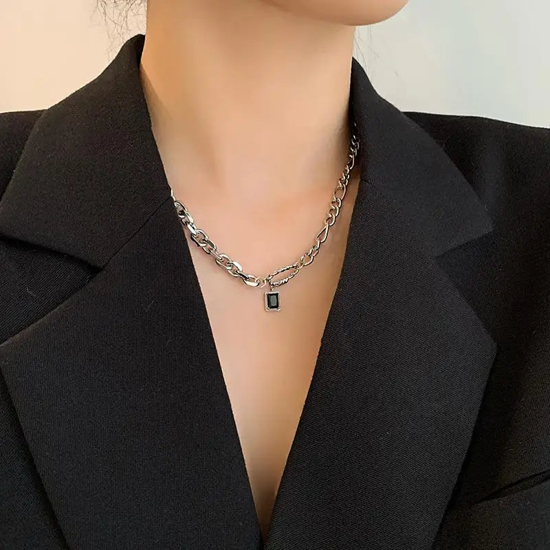 Vintage Silver Geometric Enamel Pendant Necklace for Women