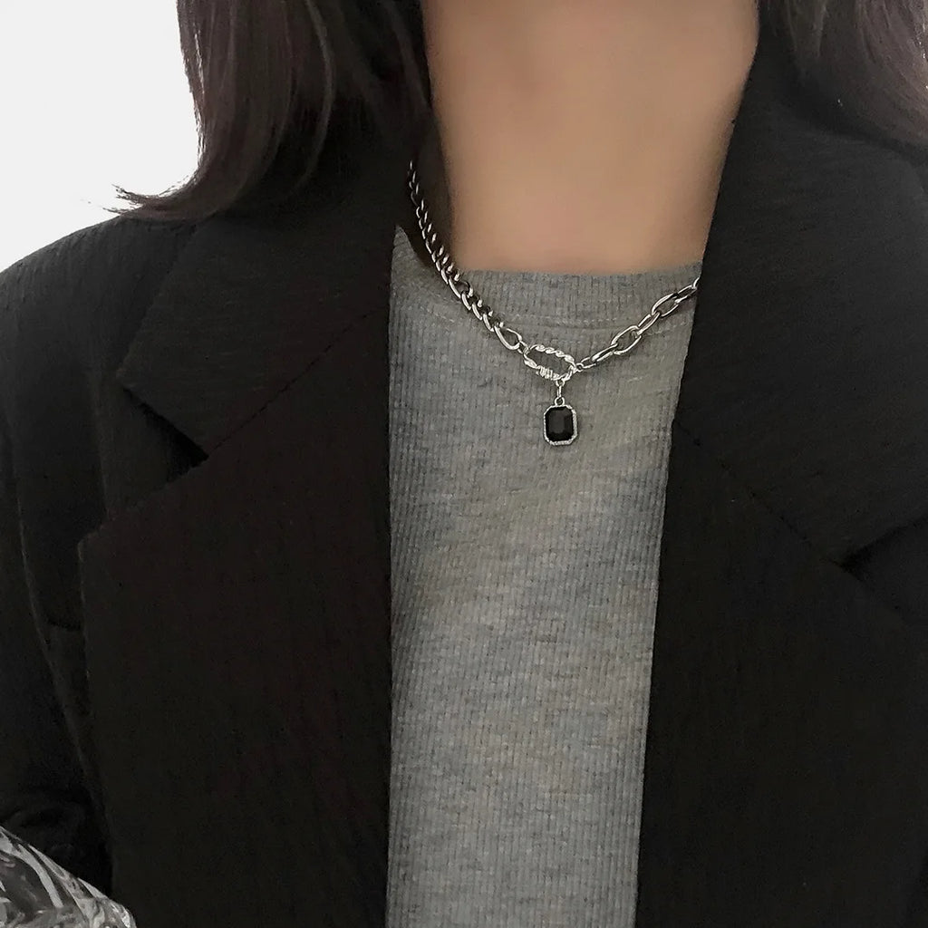 Vintage Silver Geometric Enamel Pendant Necklace for Women