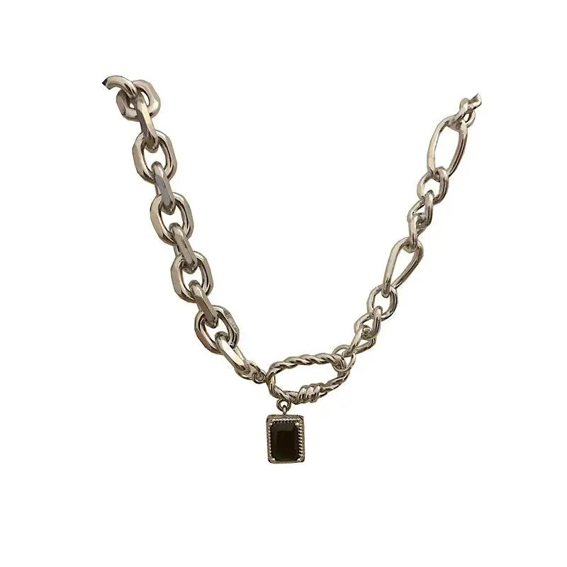 Vintage Silver Geometric Enamel Pendant Necklace for Women