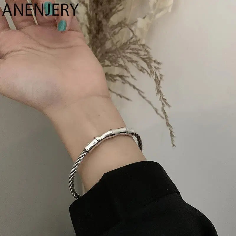 Silver Bamboo Bangles Bracelet Open Cuff Bangle Adjustable