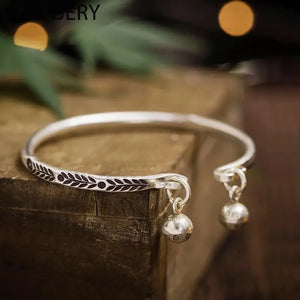 Vintage Silver Bell Leaf Pattern Cuff Bracelets for Women