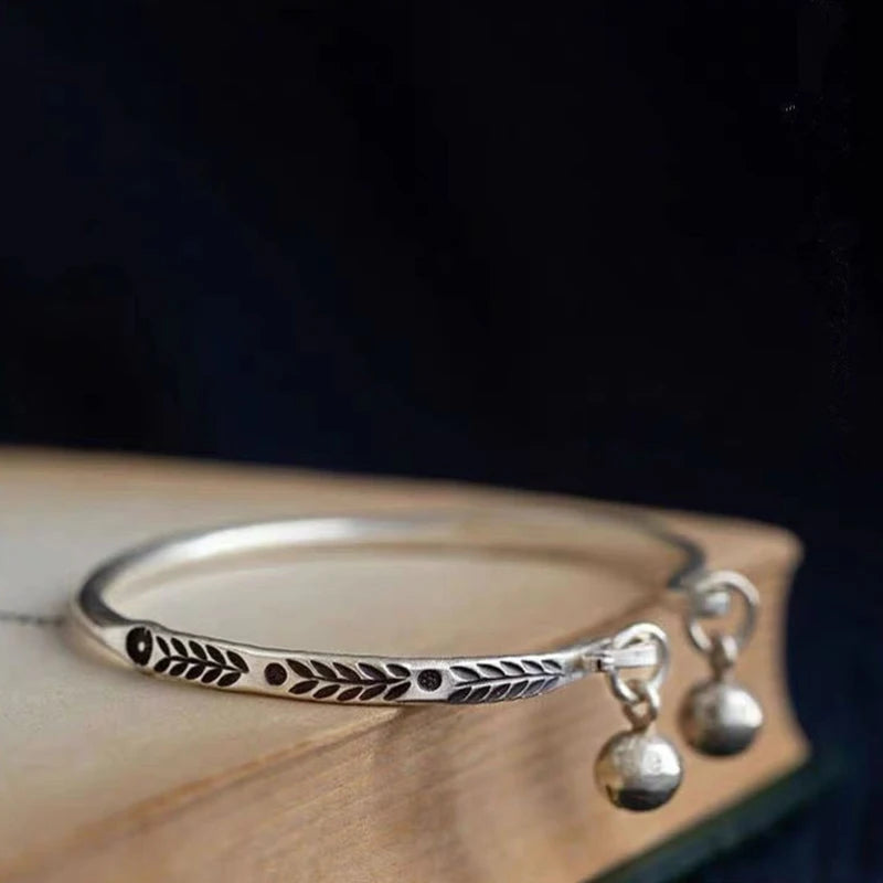 Vintage Silver Bell Leaf Pattern Cuff Bracelets for Women
