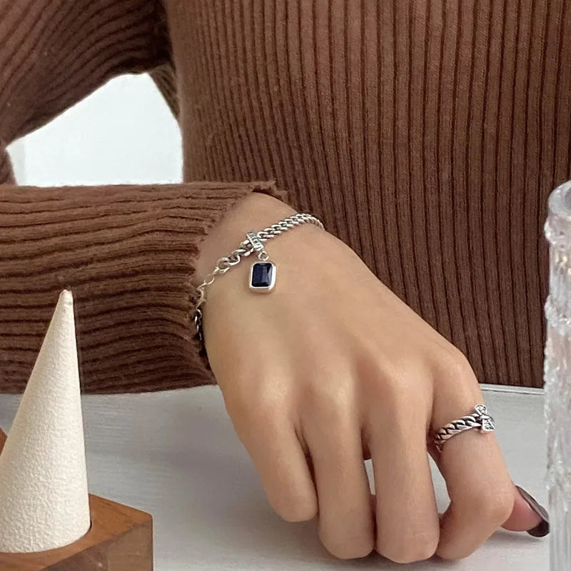 Vintage Silver Zircon Square Bracelet Lucky Pendant Women Men Jewelry
