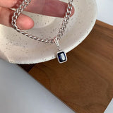 Vintage Silver Zircon Square Bracelet Lucky Pendant Women Men Jewelry
