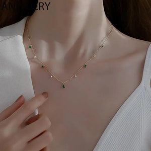 Silver Choker Necklace Green Zircon Clavicle Chain S-N742