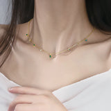 Silver Choker Necklace Green Zircon Clavicle Chain S-N742