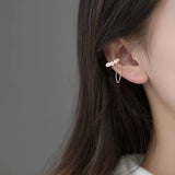 Silver Pearl Tassel Chain Earcuff Earrings Women's Clip-On Birthday Gift
