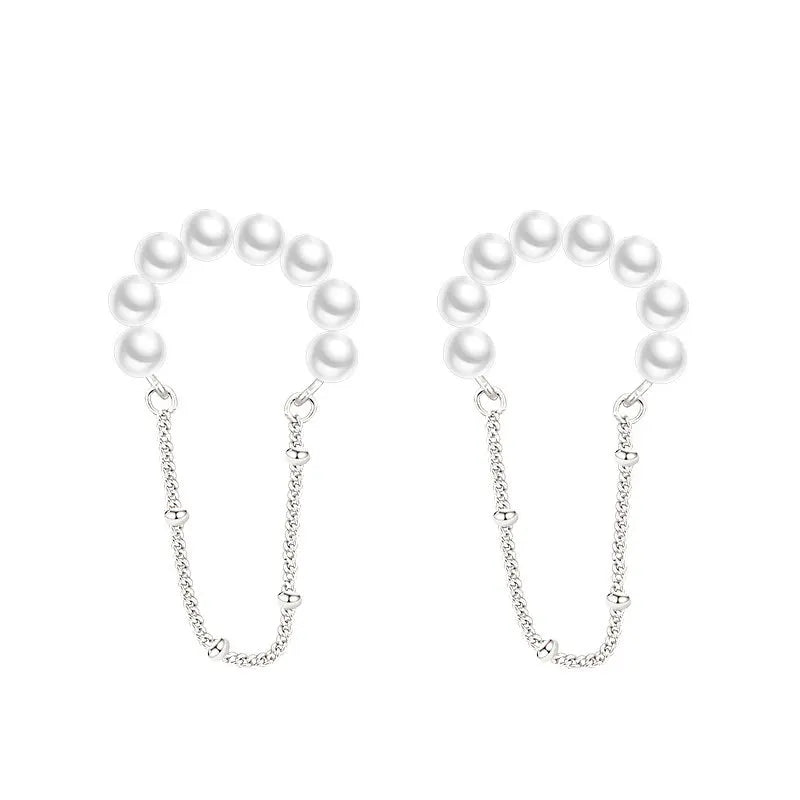 Silver Pearl Tassel Chain Earcuff Earrings Women's Clip-On Birthday Gift