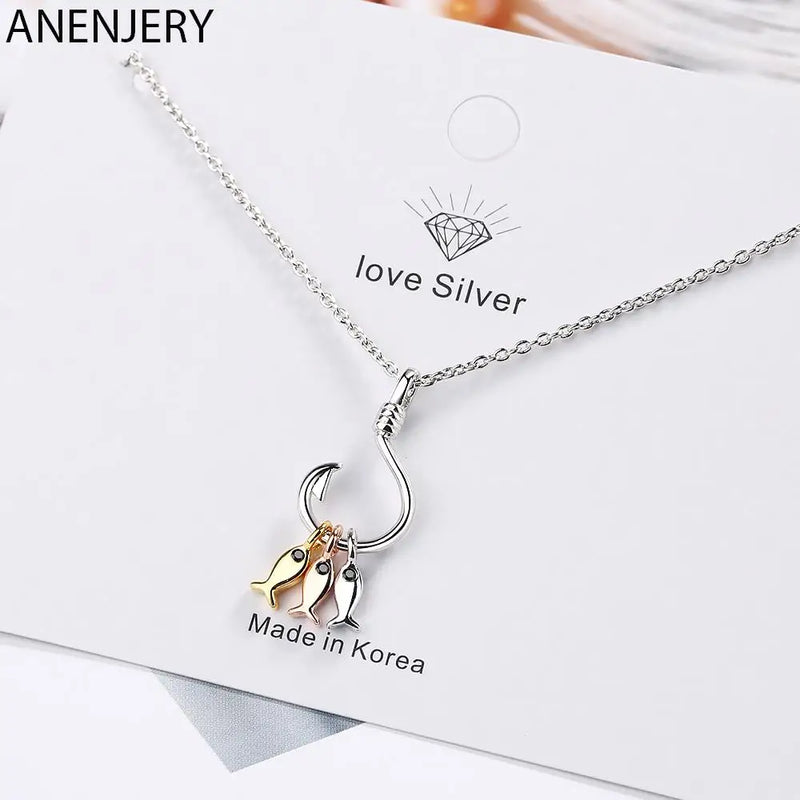 Silver Fish Pendant Necklace With Fish Hook Charms Jewelry S-N376