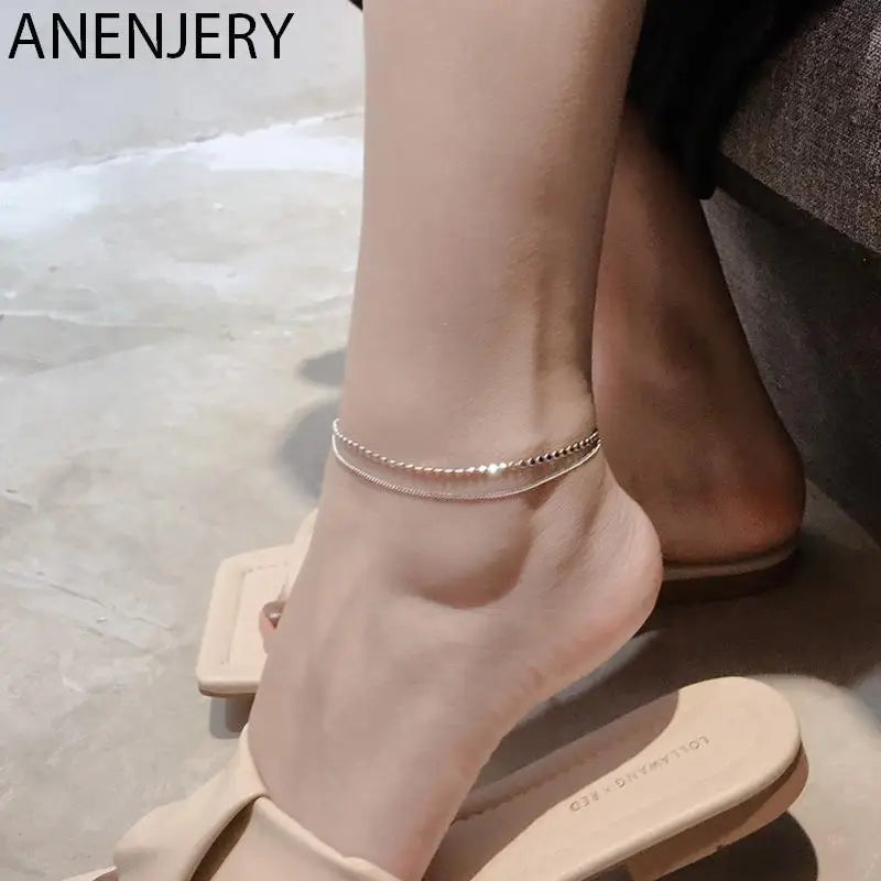 Silver Double Layer Anklet for Women Geometric Disc Anklet Bracelet