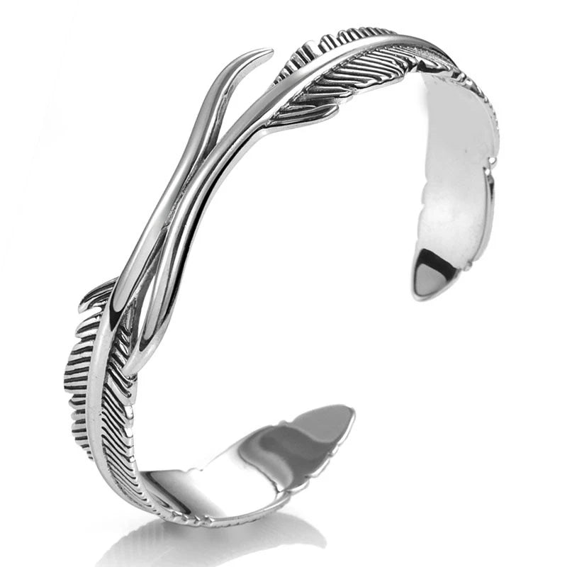 Vintage Thai Silver Feather Leaves Cuff Bracelets