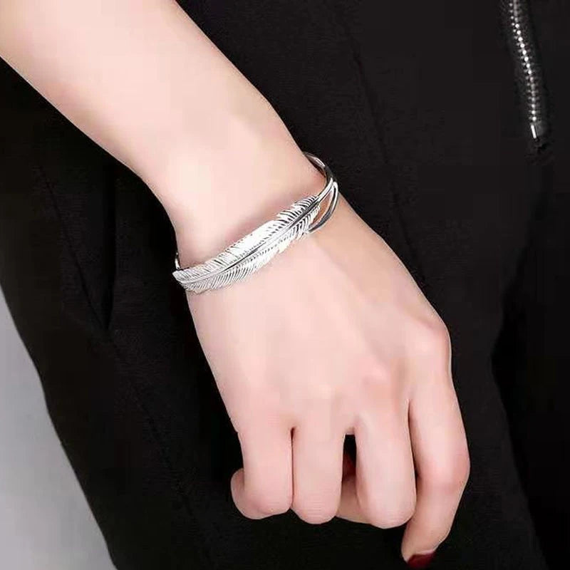 Vintage Thai Silver Feather Leaves Cuff Bracelets