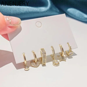 Silver Zircon Square Heart Star Water Drop Hoop Earring Set