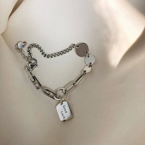 Silver GOOD LUCK Letter Bracelet for Women Square Disc Thai Silver Bracelet