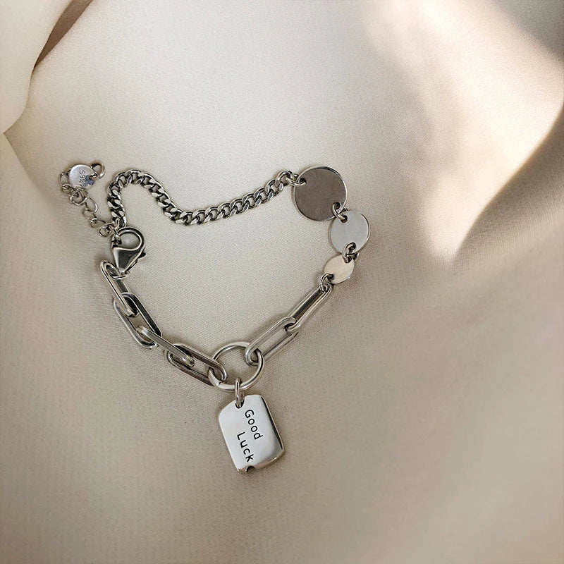 Silver GOOD LUCK Letter Bracelet for Women Square Disc Thai Silver Bracelet