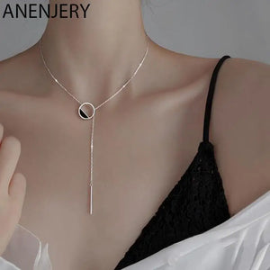 Silver Geometric Round Necklace for Women Long Tassel Sweater Chain