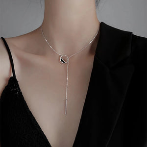 Silver Geometric Round Necklace for Women Long Tassel Sweater Chain