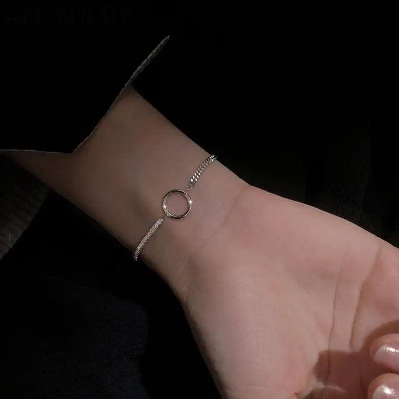 Silver Geometric Circle Asymmetric Chain Bracelet S-B448