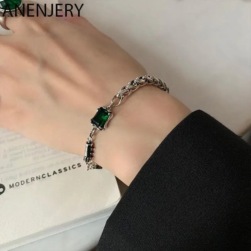 Vintage Green Square Zircon Thai Silver Bracelet