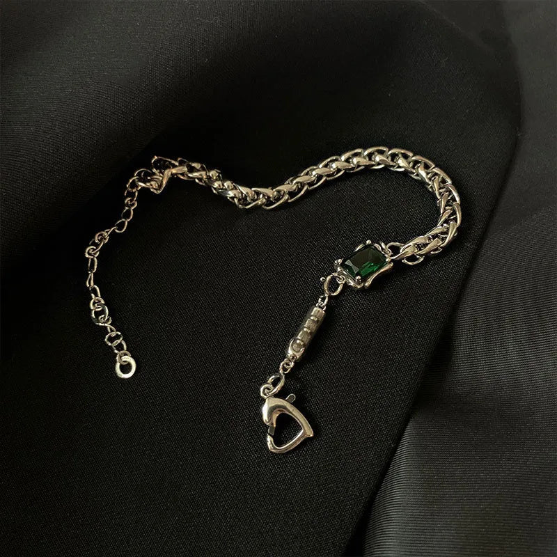 Vintage Green Square Zircon Thai Silver Bracelet