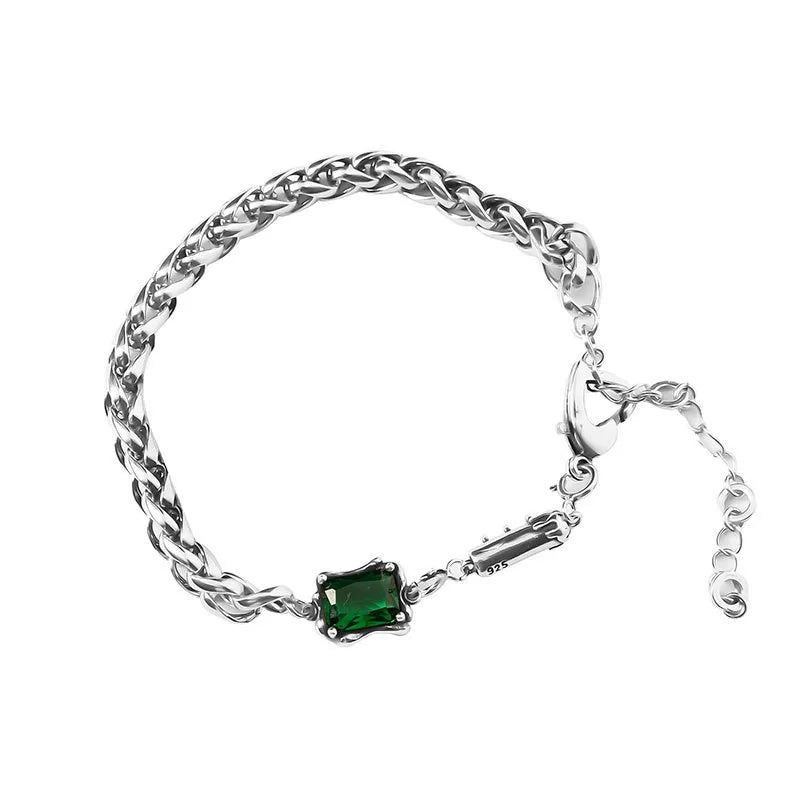 Vintage Green Square Zircon Thai Silver Bracelet