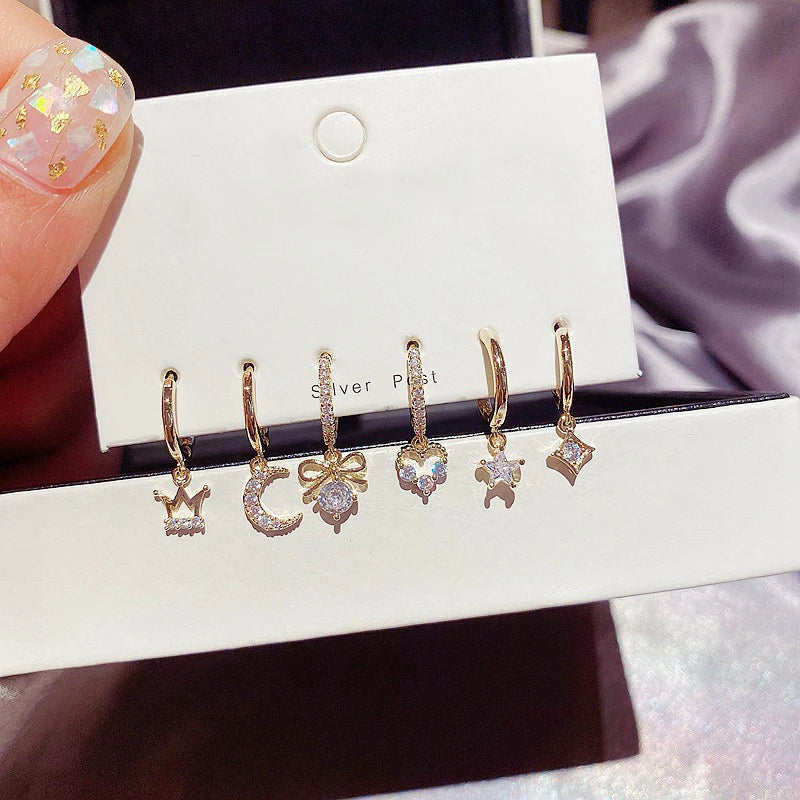 Silver Hoop Earrings Set Geometric Moon Star Heart 6-piece Summer Jewelry