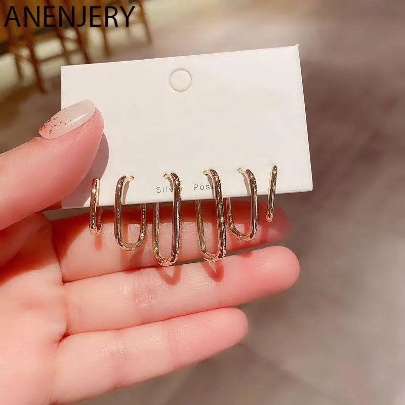 6-Piece Silver Hoop Earrings Set for Women, Oval Shaped, Party