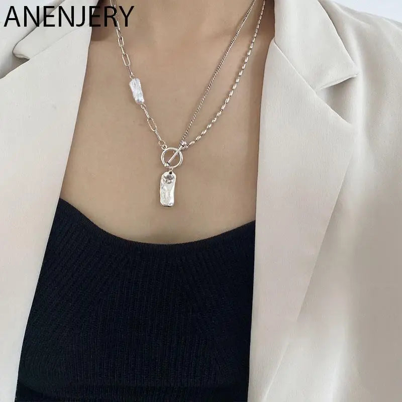 Silver Baroque Pearl Necklace Geometric OT Clasp Women Party Jewelry