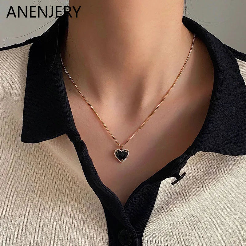 Silver Large Love Heart Necklace for Women Classic Dainty Clavicle Chain