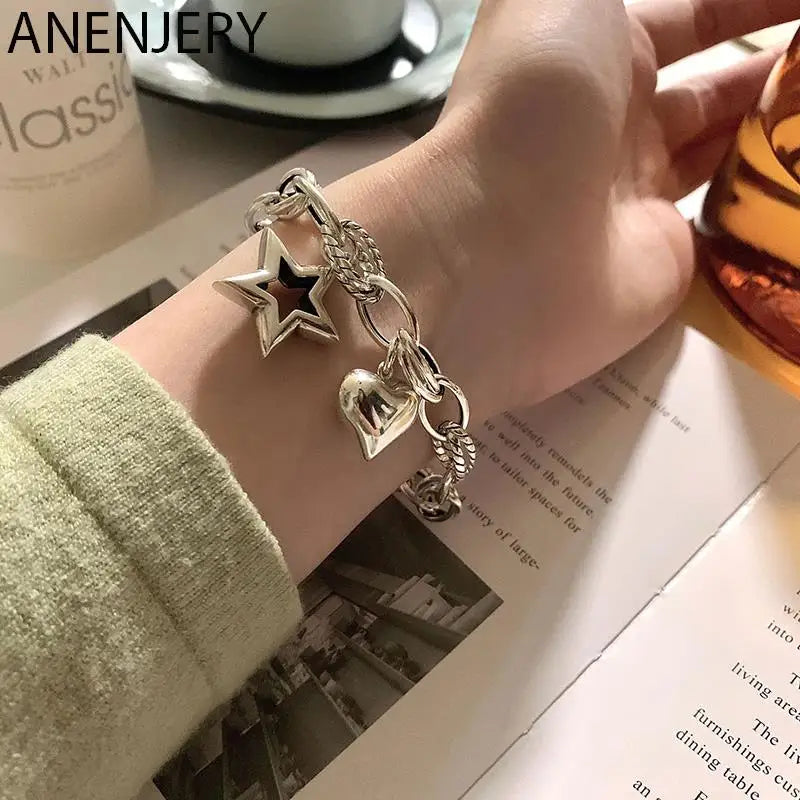 Silver Love Heart Star Bracelet for Women