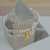 Silver Lucky Card Bear Pendant Beads Elastic Chain Bracelet