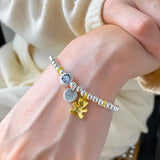 Silver Lucky Card Bear Pendant Beads Elastic Chain Bracelet