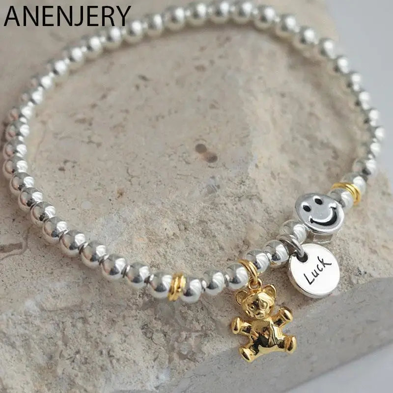 Silver Lucky Card Bear Pendant Beads Elastic Chain Bracelet